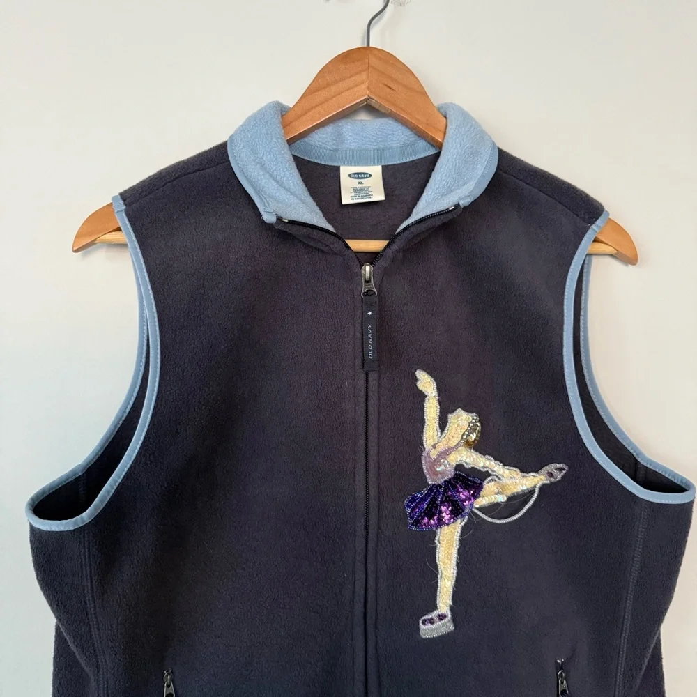 Vintage Y2K 2003 Old Navy Navy Zip Up Figure Skater Embroidered Fleece Vest